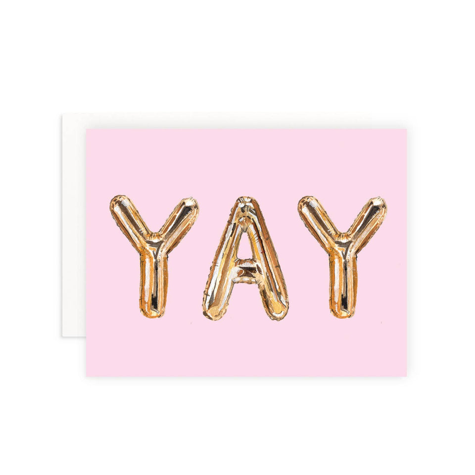 Card with 'YAY' in gold letters on a pink background