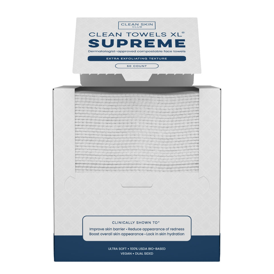 Clean Towels XL Supreme 50-count box with ultra soft exfoliating face towels displayed