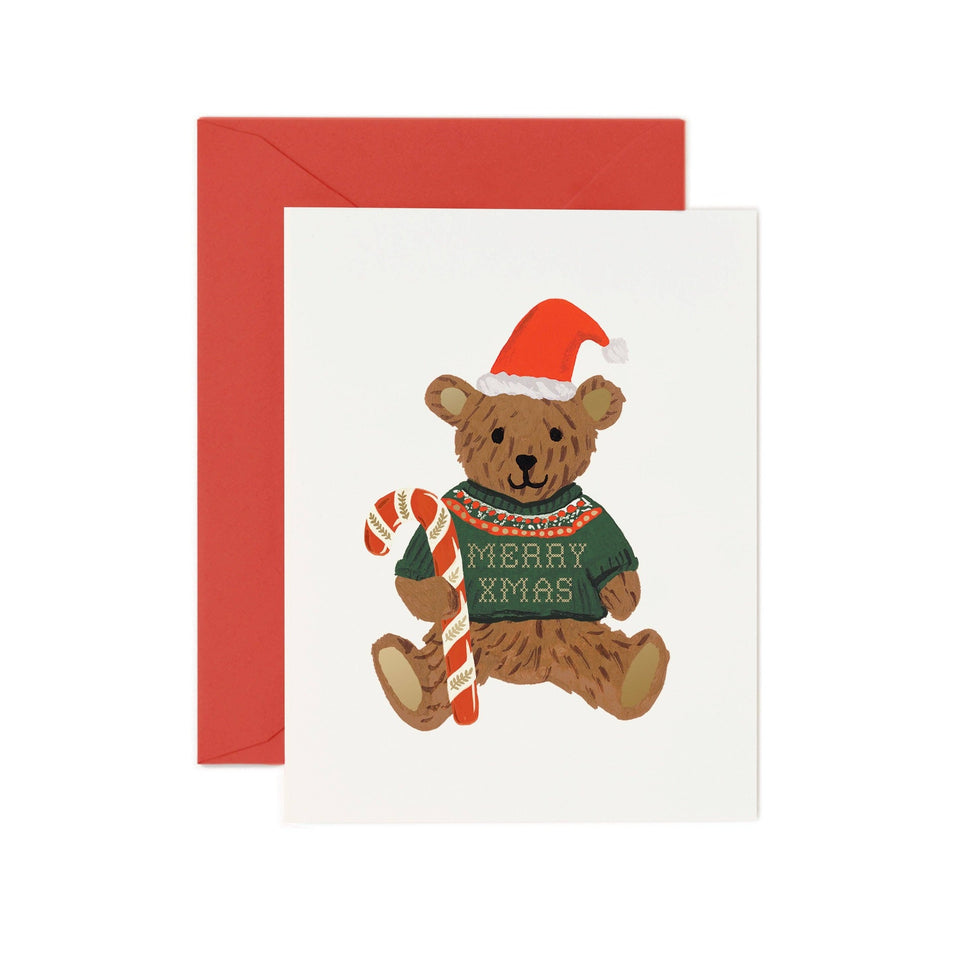 Rifle Paper Co. Beary Christmas Card featuring adorable teddy bear in Santa hat holding candy cane