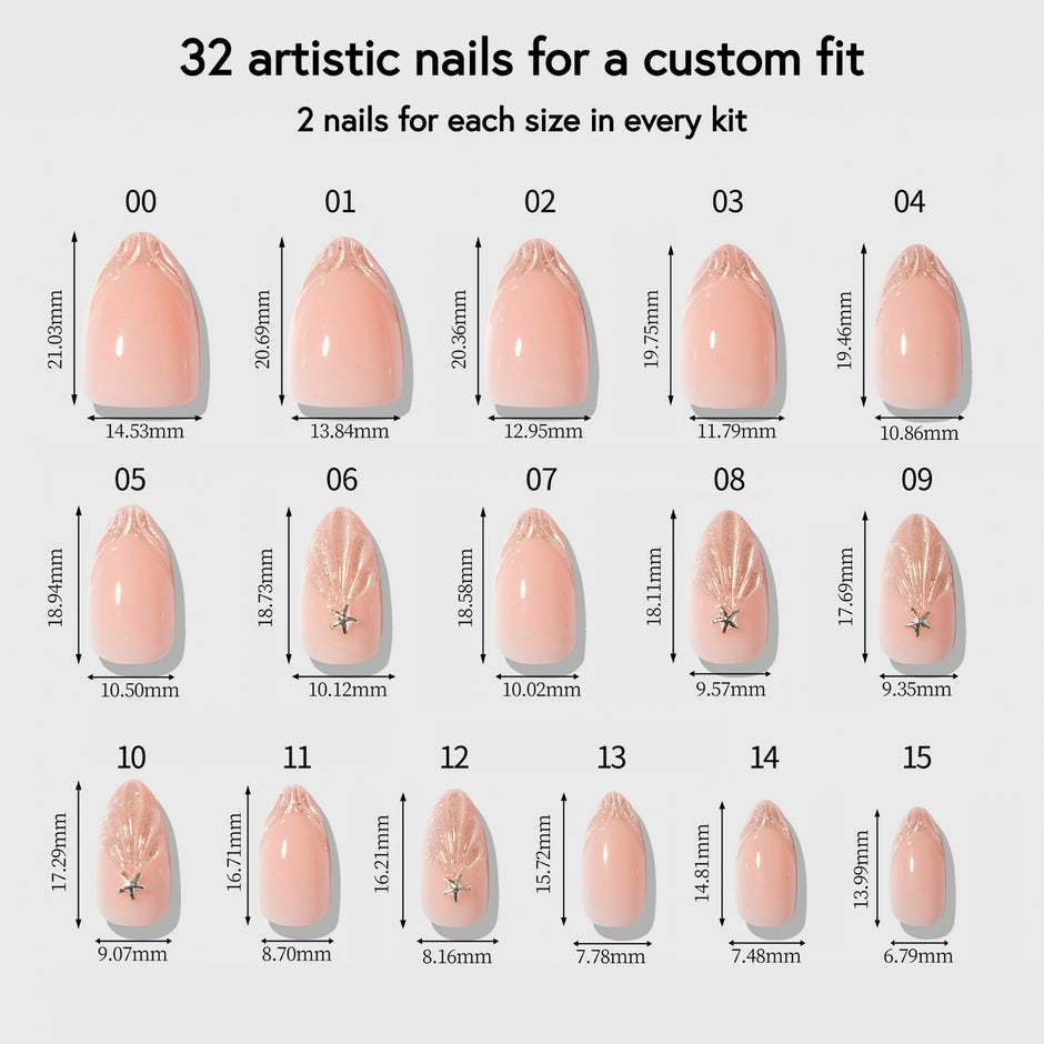 32 artistic nail tips in 16 sizes with measurements - Princess By The Sea collection