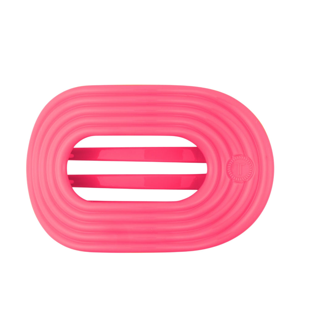 TELETIES Flat Round Tropic Twist Large hair tie in bright pink on black background