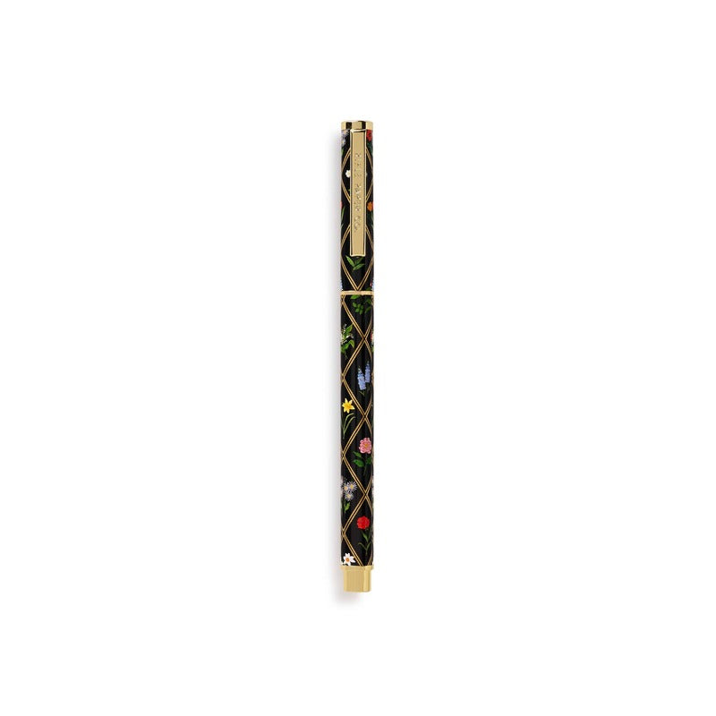 Rifle Paper Co. Garden Study Pen with black barrel, floral design, and gold accents on white background