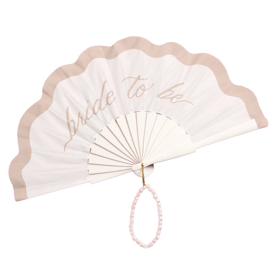 Bride to Be fan with wavy edges, rose gold text, and pink beaded wrist strap on white background