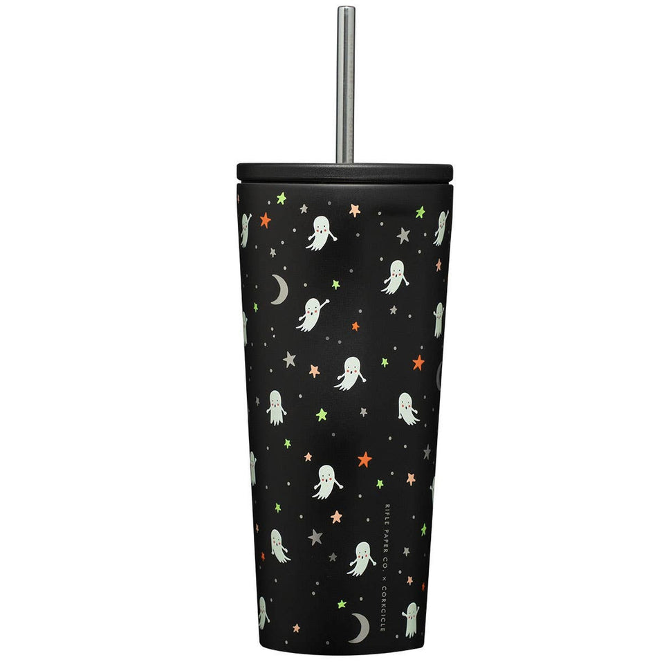 Black Corkcicle 24oz cold cup with ghost and star pattern design by Rifle Paper Co