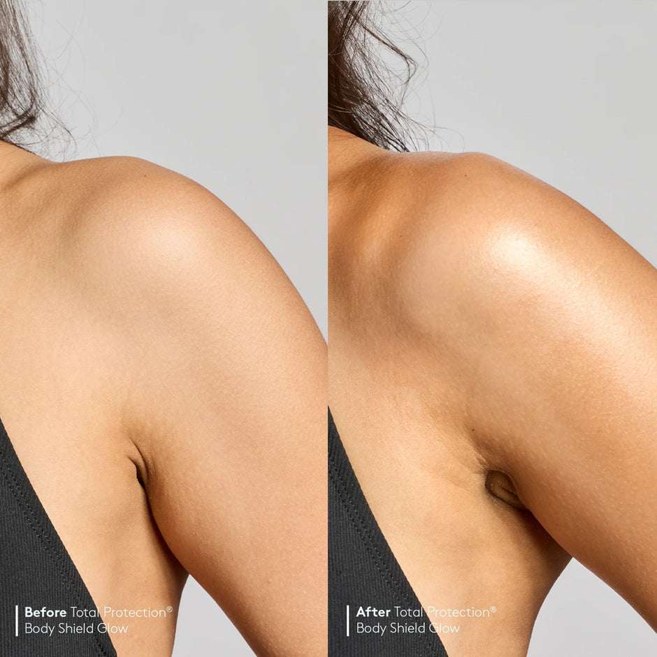 Before and after wearing Colorescience Total Protection Body Shield Glow SPF 50