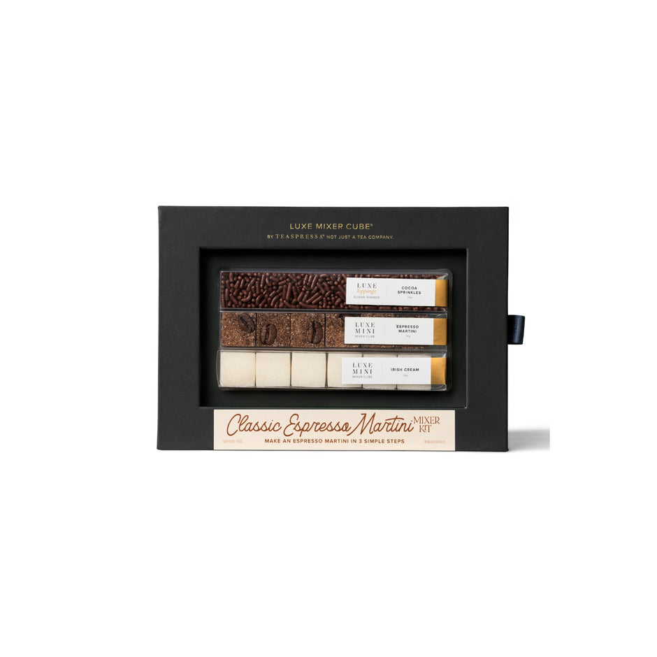 Luxe Mixer Cube Classic Espresso Martini Kit with cocoa sprinkles, espresso martini, and Irish cream