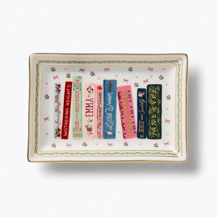 Rifle Paper Co. Ladies Night Book Club porcelain catchall tray with decorative book spines and gold trim