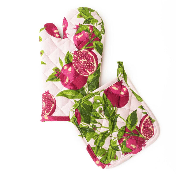Pomegranate Grove oven mitt set with pink pomegranates and green leaves on white background