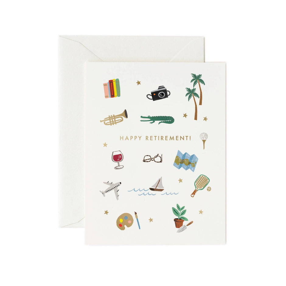 Rifle Paper Co. Happy Retirement Card with colorful retirement icons and gold text on cream background
