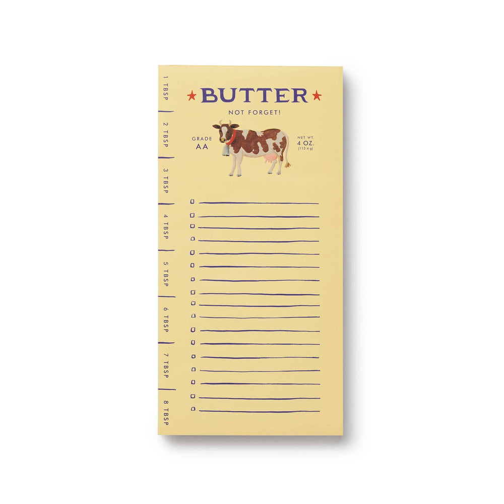 Notepad with a cow illustration and 'Butter Not Forgotten' text on a white background