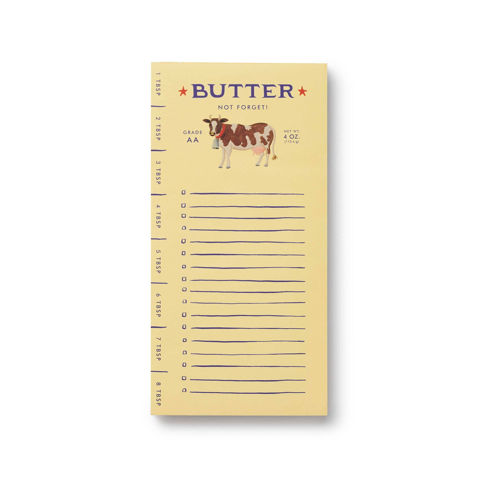 Notepad with a cow illustration and 'Butter Not Forgotten' text on a white background