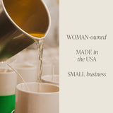 Woman-owned small business candle brand pouring golden soy wax into matte jar