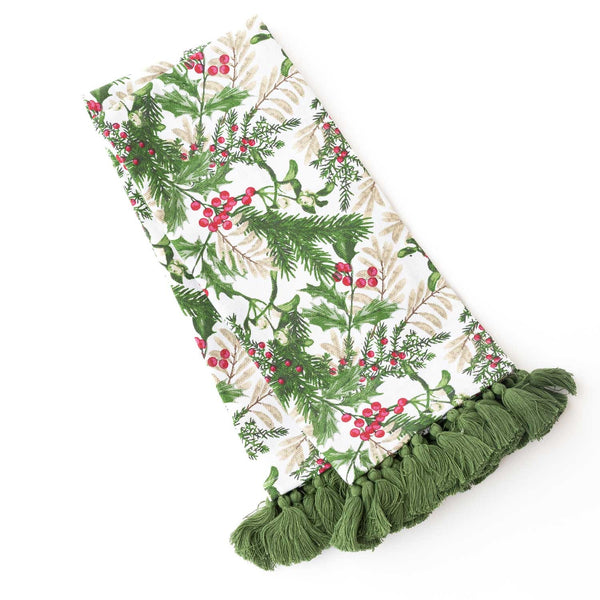 Woodland Berry Tassel Kitchen Towel with green and red botanical print and green tassels