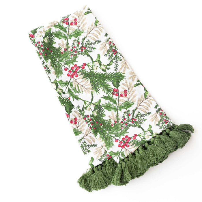 Woodland Berry Tassel Kitchen Towel with green and red botanical print and green tassels