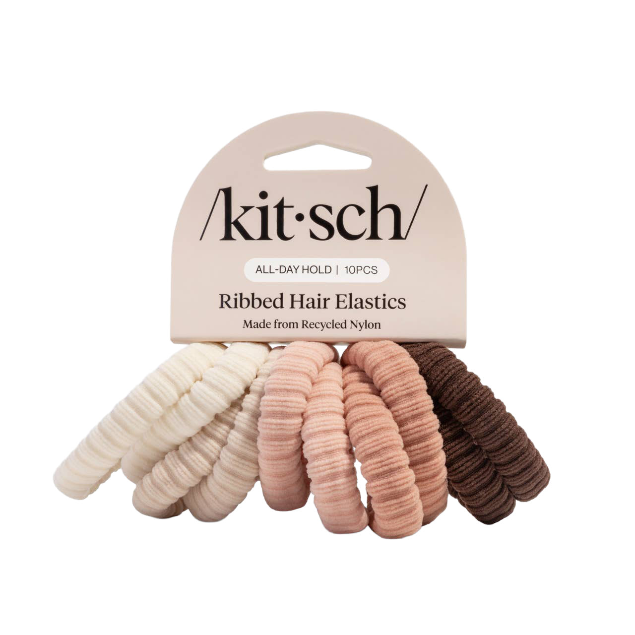 Pack of ribbed hair ties with Kitsch branding on a white background