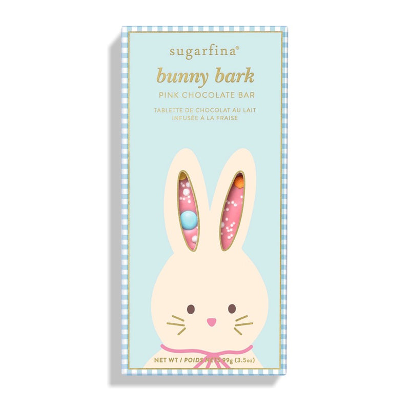 Sugarpina bunny bark packaging with a cartoon bunny on a light blue background