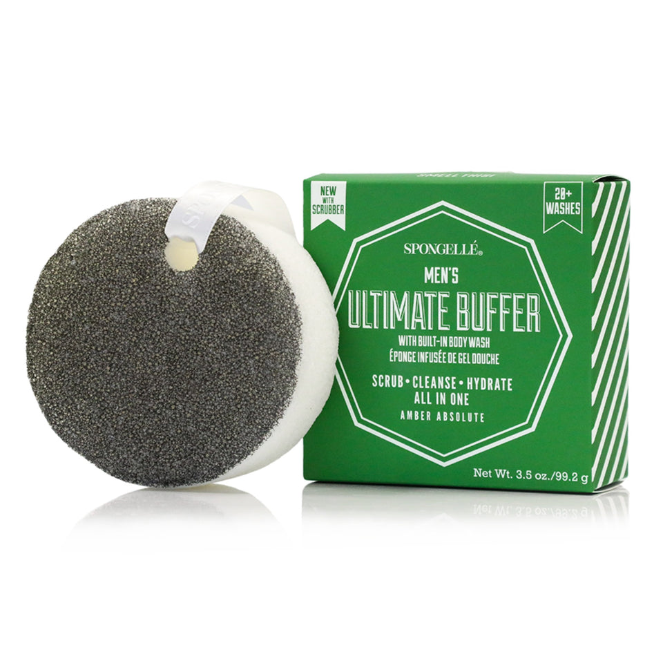 Spongellé Men's Ultimate Buffer exfoliating sponge with Amber Absolute scent and packaging