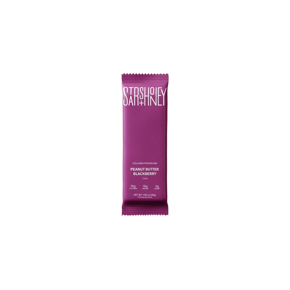 STARS + HONEY Peanut Butter Blackberry collagen protein bar 46g on neutral background
