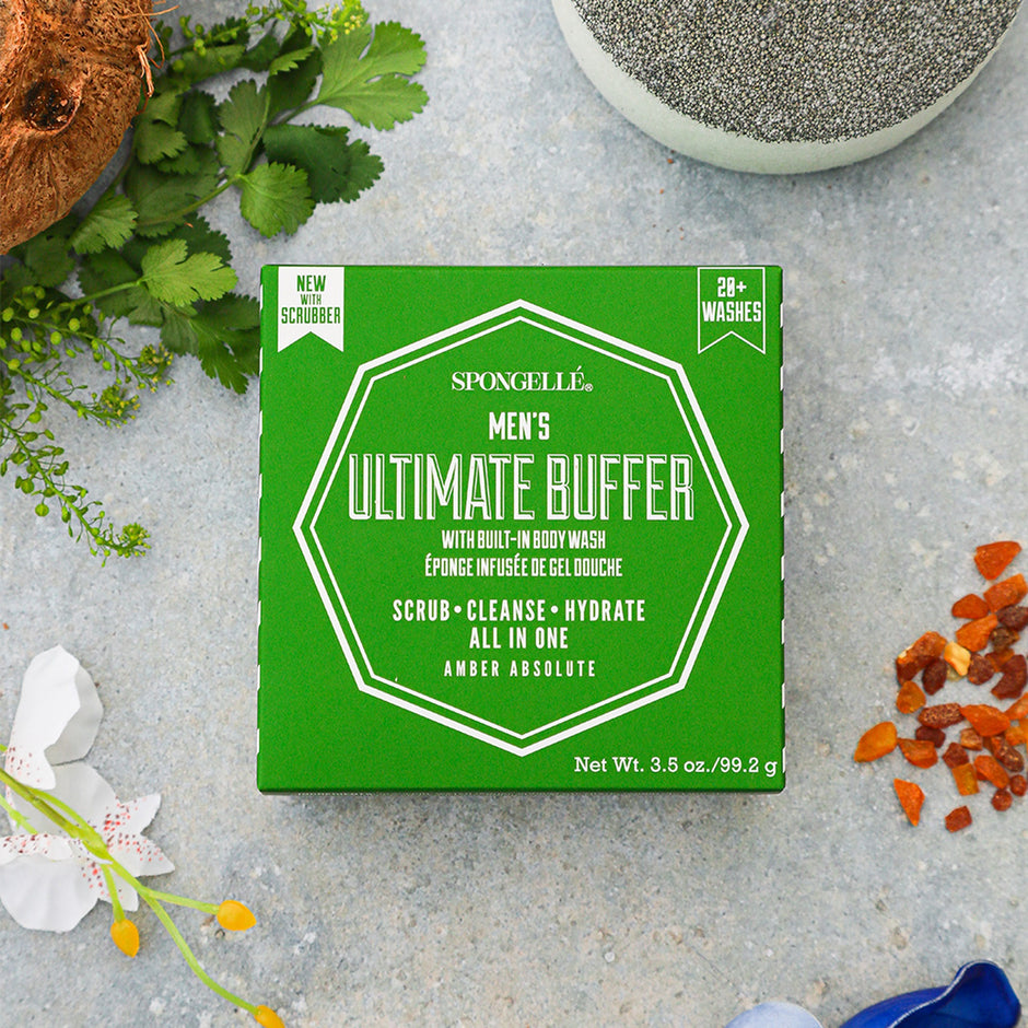 SPONGELLÉ Men's Ultimate Buffer with Amber Absolute scent surrounded by natural ingredients and botanicals