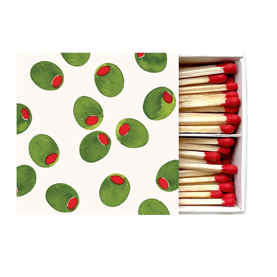 Olive Matches box with green cactus patterned design and red match heads inside