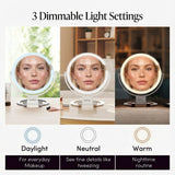 FANCII mirror showing 3 dimmable light settings: daylight, neutral, and warm for makeup and grooming