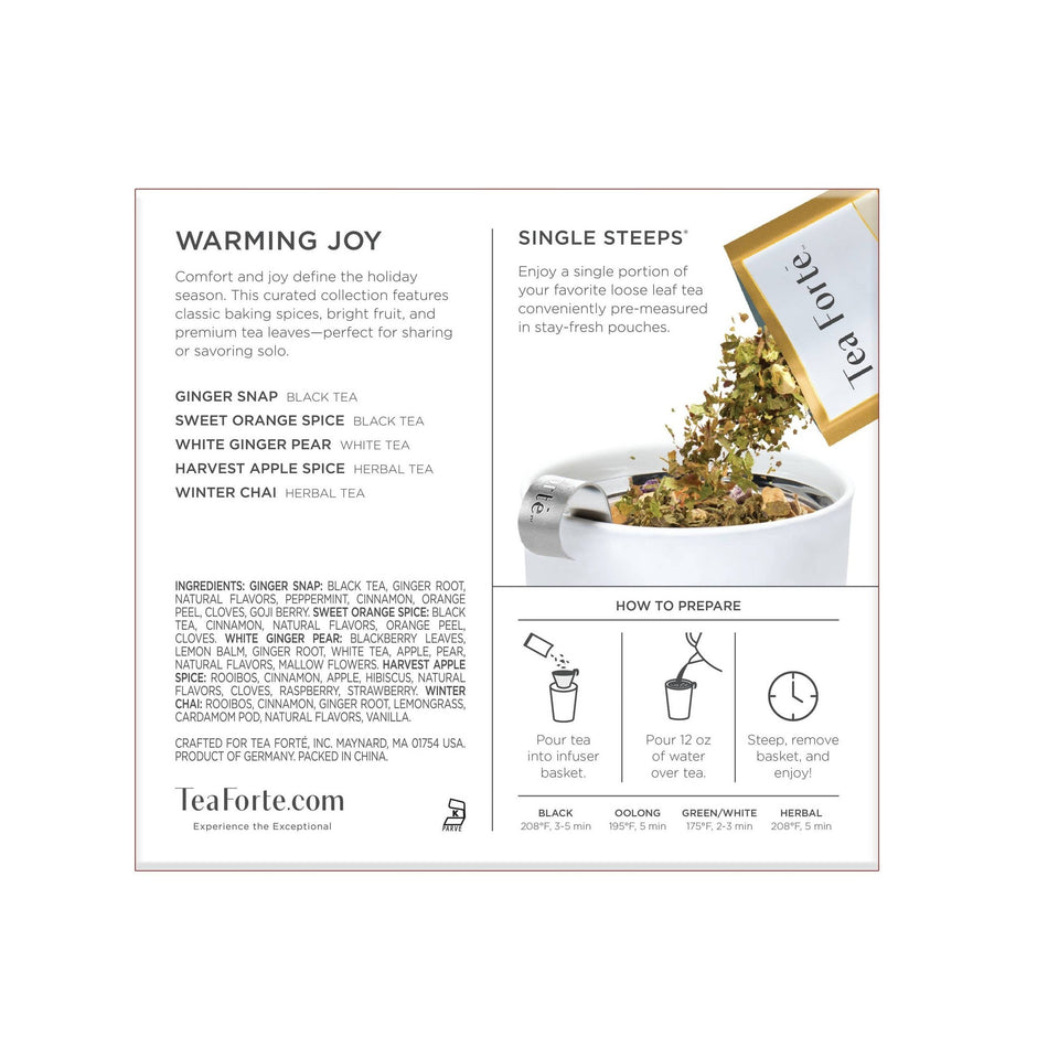 Tea Forte Warming Joy Single Steeps collection with brewing instructions and ingredient details