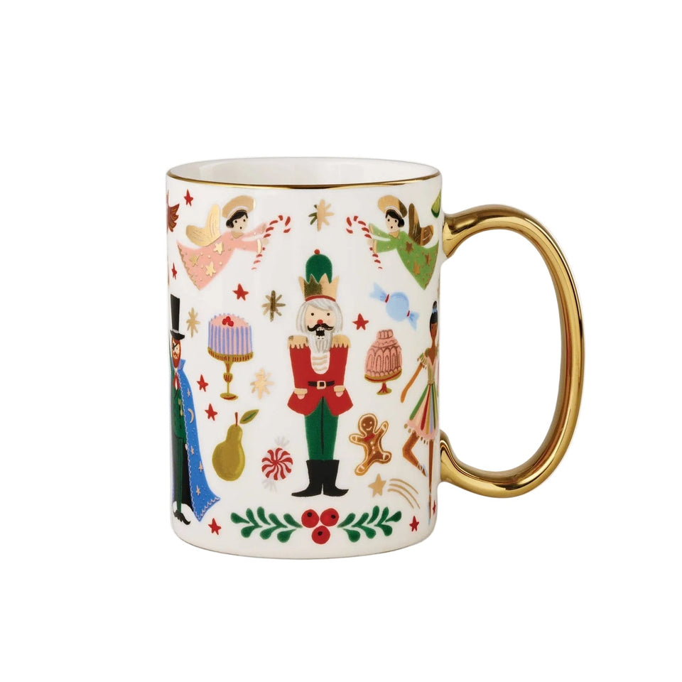 Rifle Paper Co. Nutcracker Porcelain Mug with festive holiday design and gold handle
