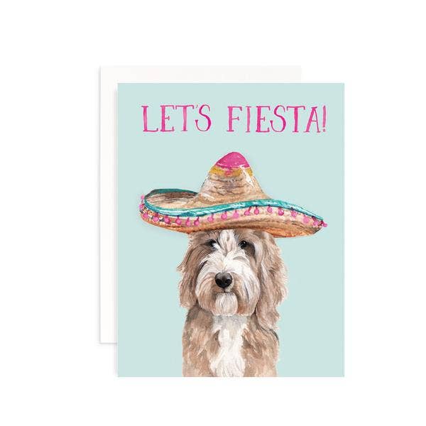 Card with a dog wearing a sombrero and 'Let's Fiesta!' text on a light blue background