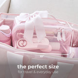 Ballet Pink Bow Jelly Cosmetic Bag with dimensions labeled: 10 inches wide, 5 inches height