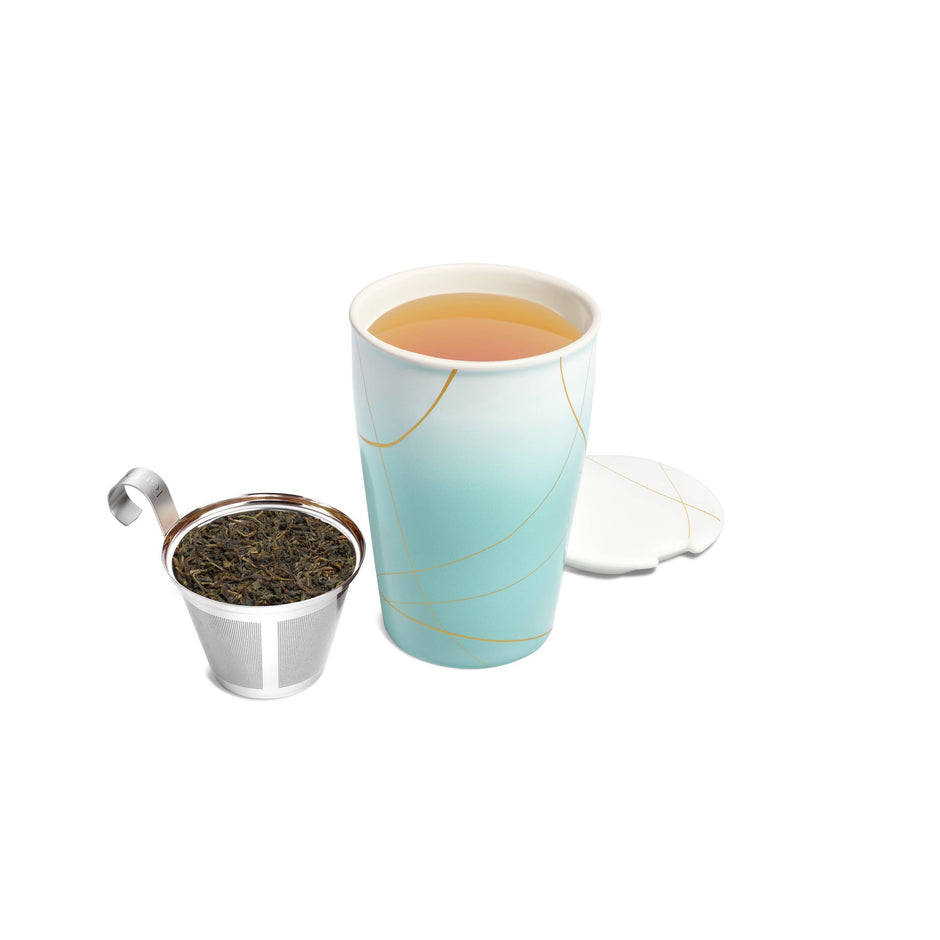 Tea Forte Kati Steeping Cup with infuser basket filled with loose leaf tea and matching lid on white background