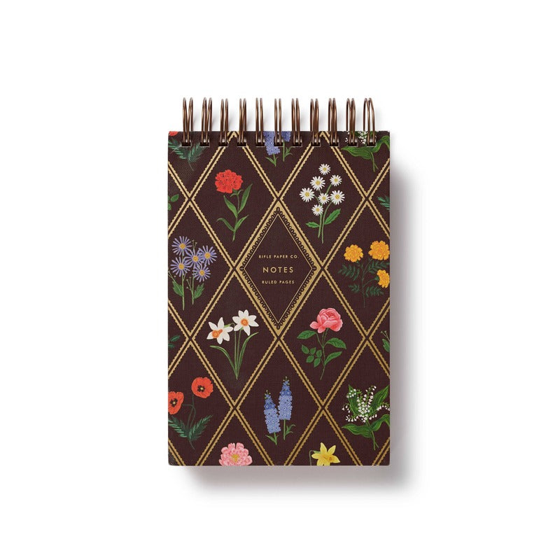 RIFLE PAPER CO. Garden Study spiral notepad with floral botanical pattern on dark brown background