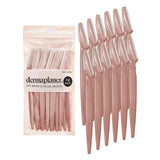 A 12-pack of Dermaplaner eye brow and facial razors shown next to their clear packaging on a solid white background.