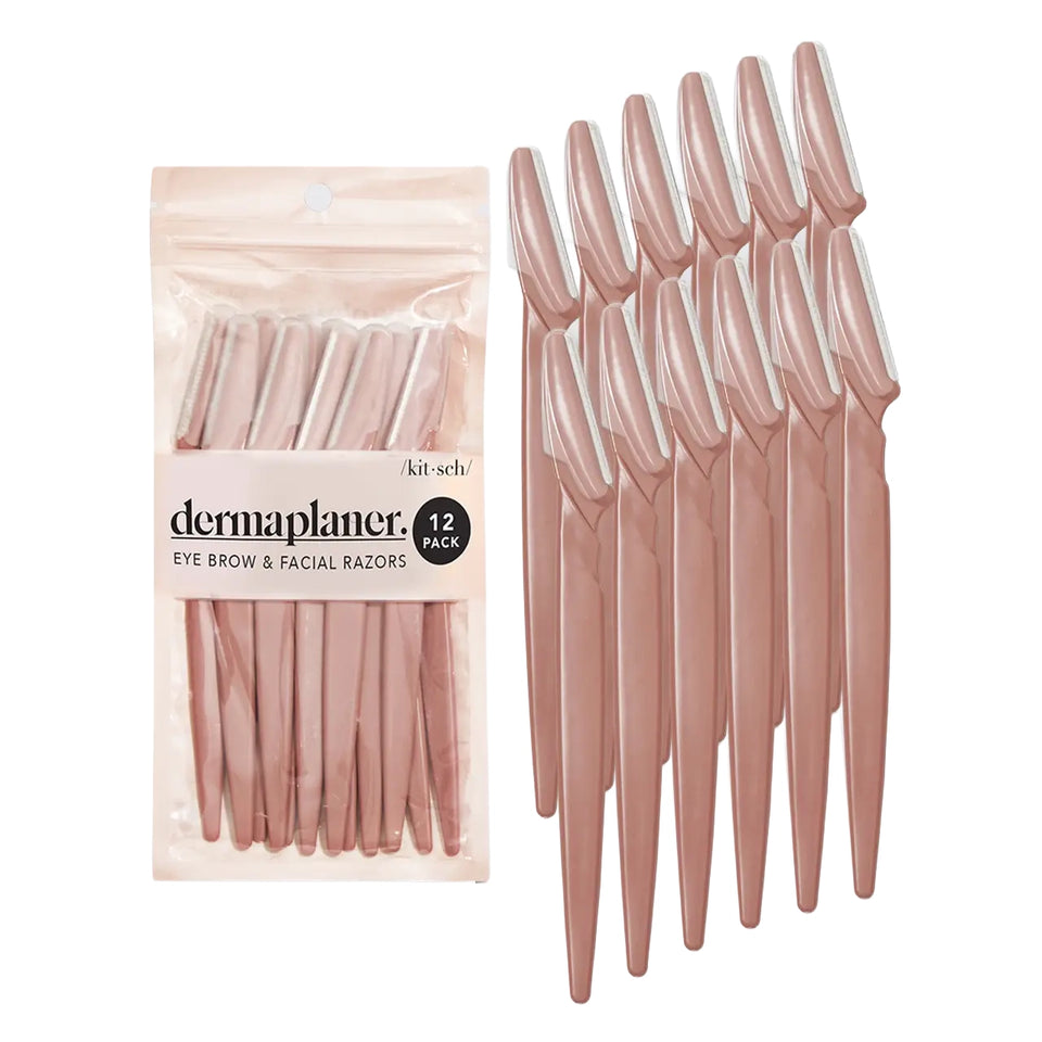 A 12-pack of Dermaplaner eye brow and facial razors shown next to their clear packaging on a solid white background.
