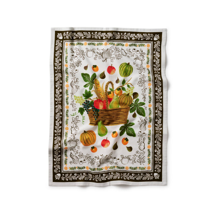 Rifle Paper Co. Harvest Tea Towel with colorful fruit basket and botanical border design