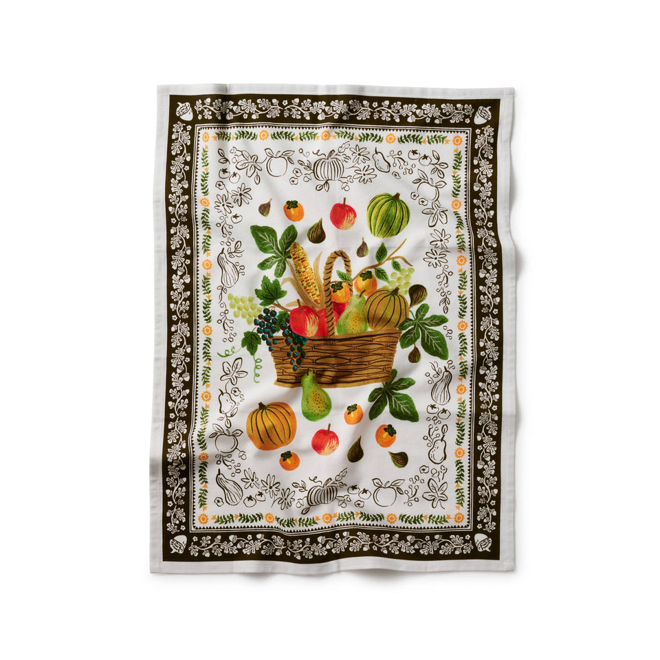 Rifle Paper Co. Harvest Tea Towel with colorful fruit basket and botanical border design