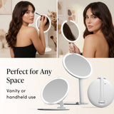 FANCII Abigail rechargeable travel mirror with LED light shown in multiple angles and usage styles