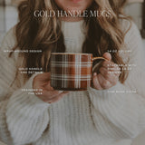 Gold handle plaid mug held by woman with product details and specifications labeled
