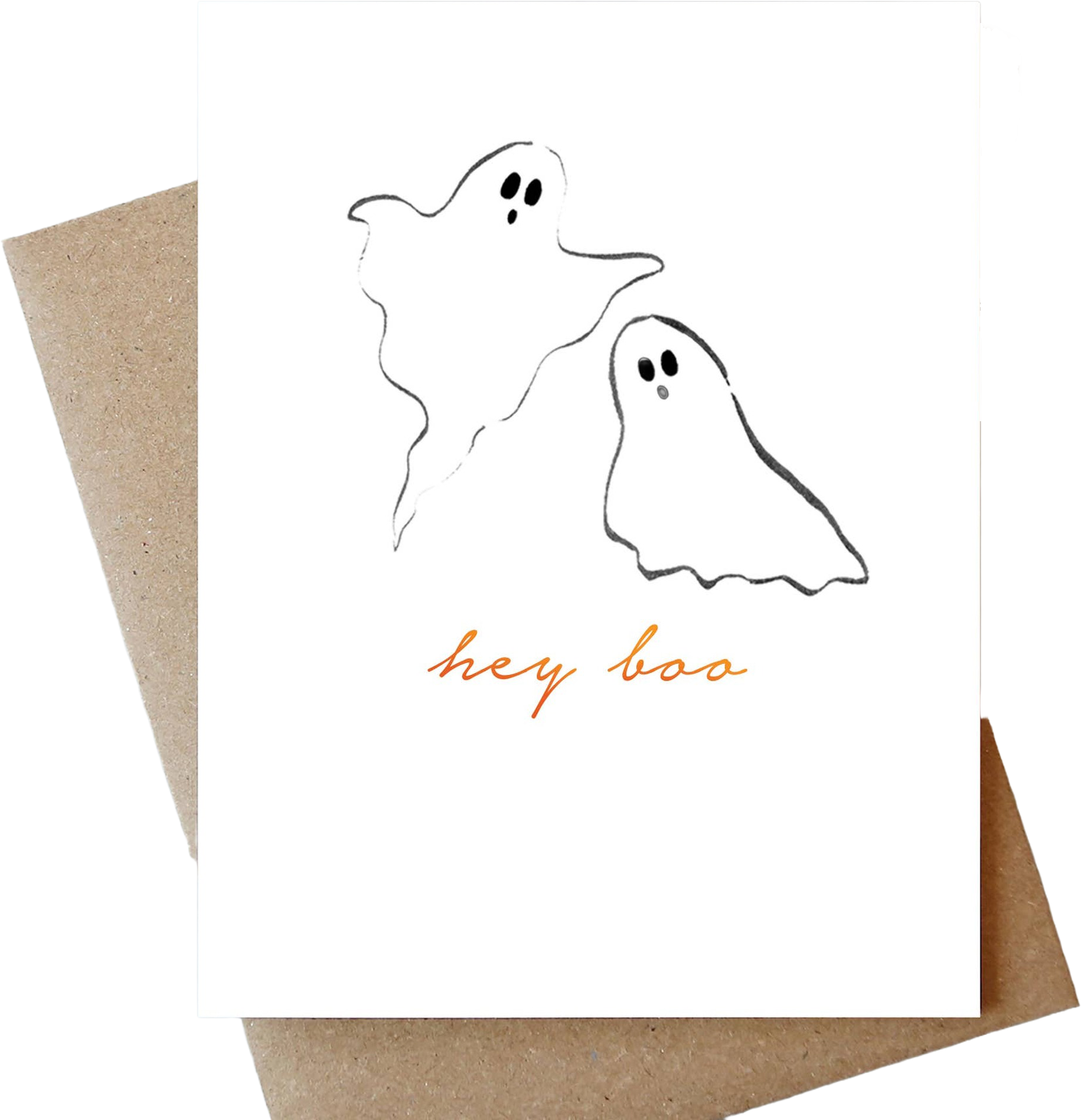 A white greeting card with minimalist black ghost illustrations and the words 'hey boo' in orange script, shown with a brown kraft envelope on a white background.