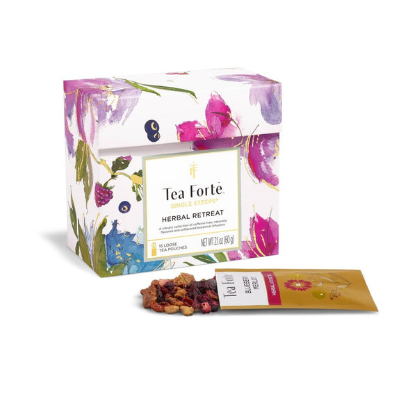 Tea Forte Herbal Retreat loose tea pouches box with sample packet displayed on white background