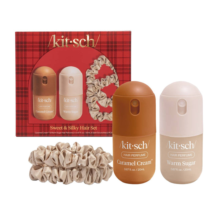 Kitsch Sweet & Silky Hair Set with two hair perfume bottles and satin scrunchies on white background