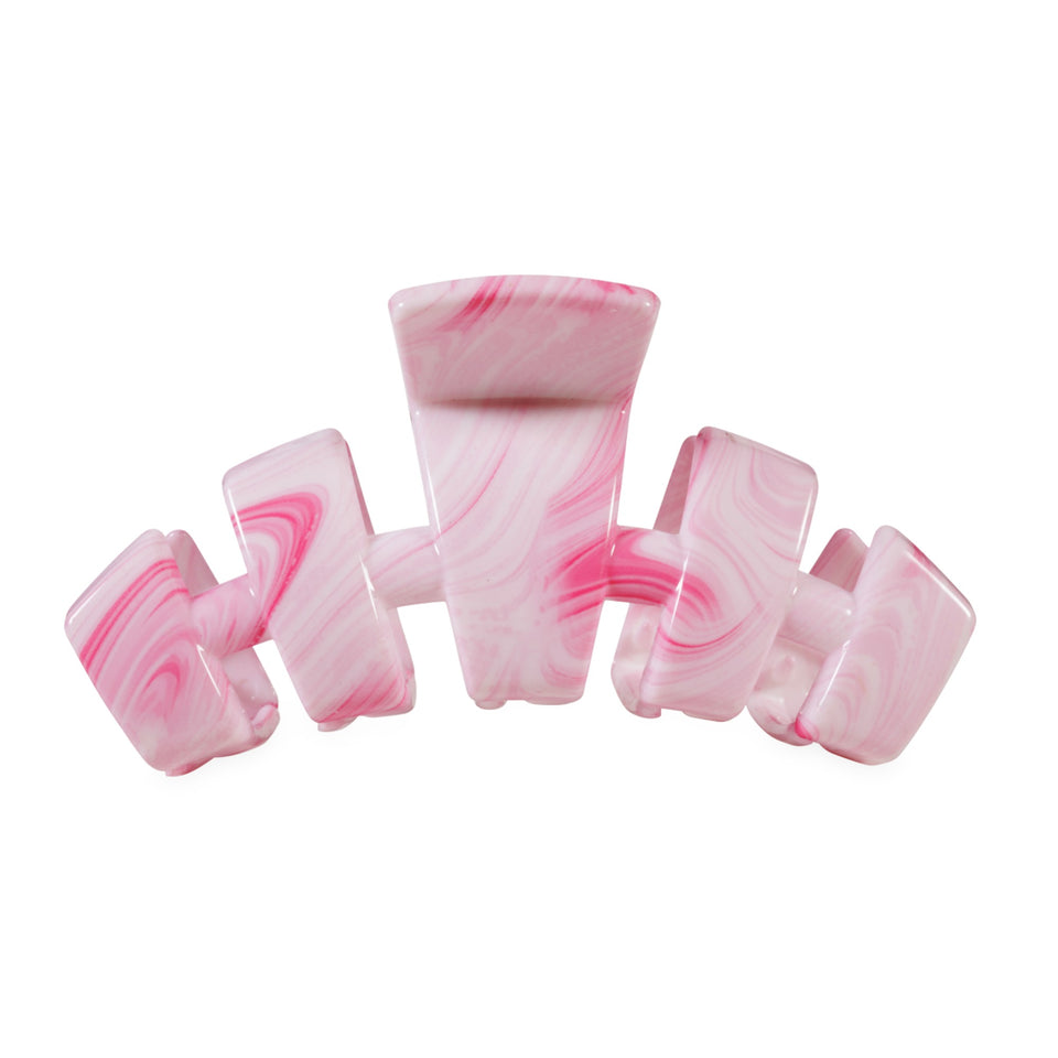 TELETIES Classic Pinch Me Large Hair Clip in pink marble pattern, displayed on black background