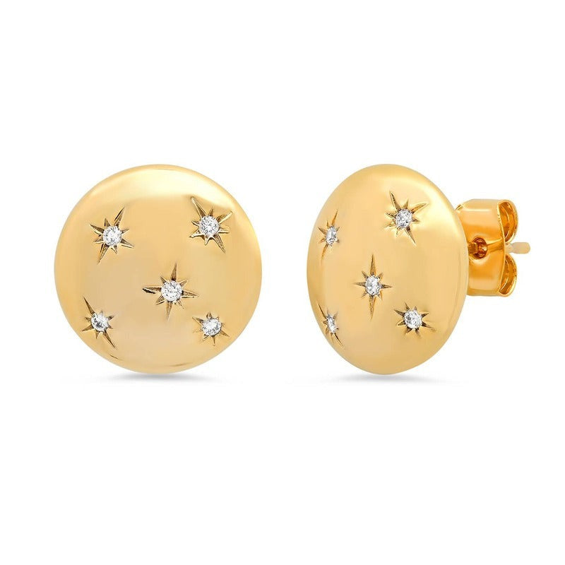 Gold button earring studs with CZ star accents on white background, front and side view
