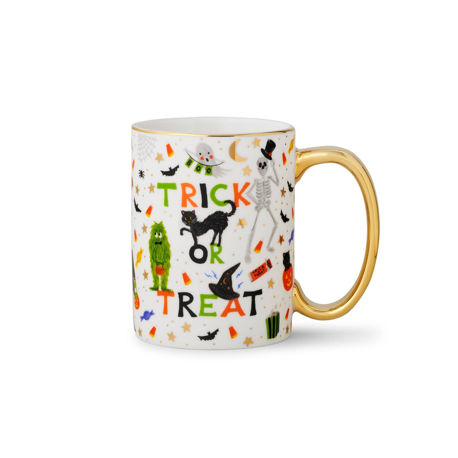 Halloween Parade Porcelain Mug with gold handle featuring trick or treat design and festive motifs