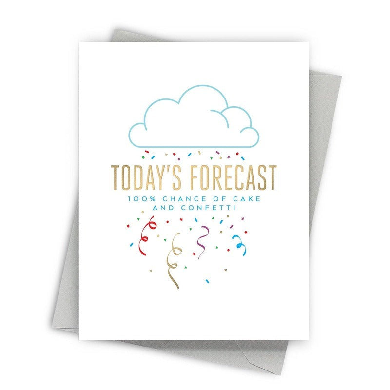 Birthday Forecast gold foil greeting card with cloud and confetti design on white background