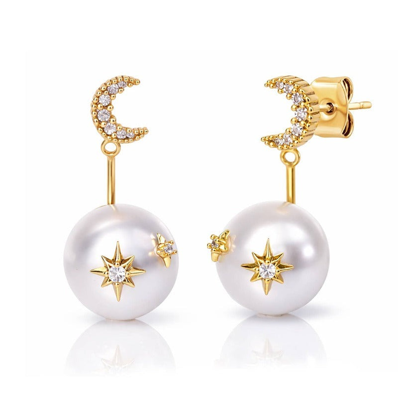 Gold celestial pearl earring jackets with moon studs and diamond accents