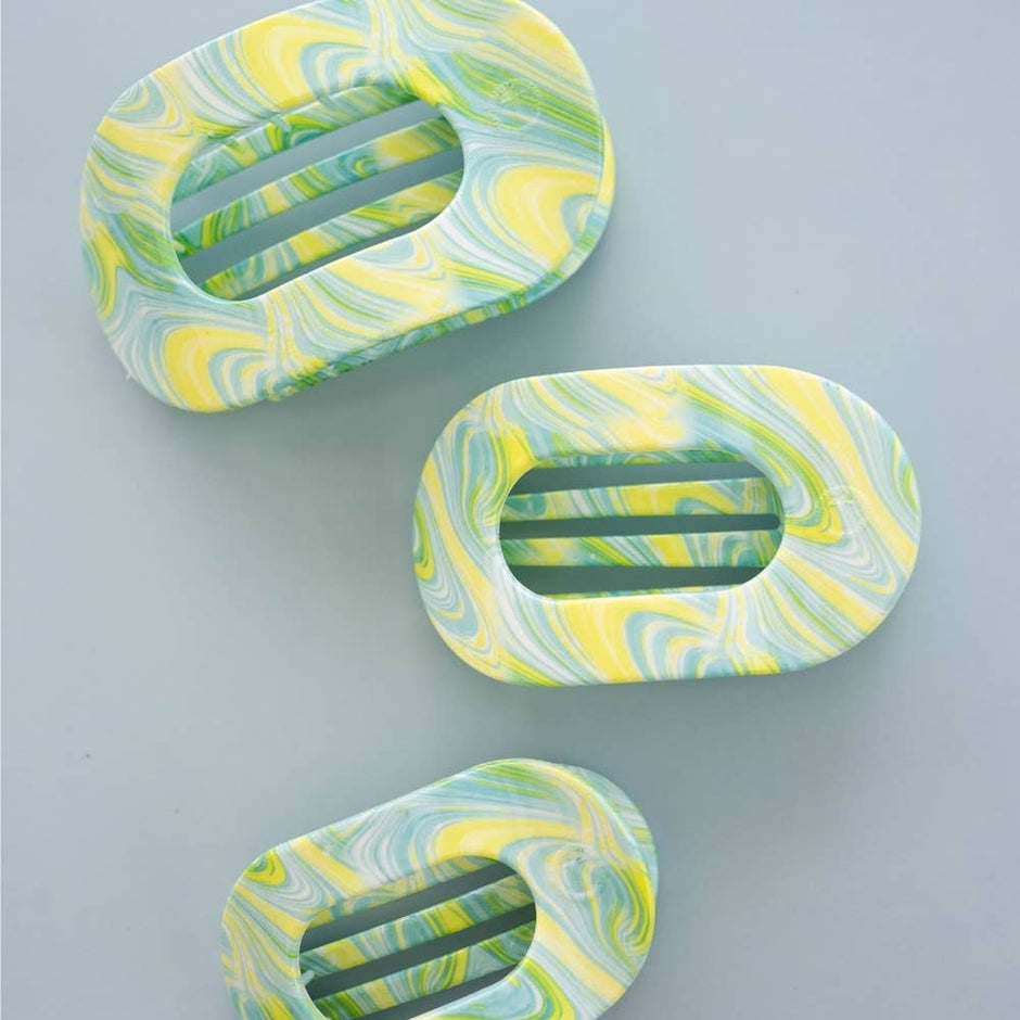 TELETIES By the Sea Shore Medium Flat Round Hair Clips in yellow and green swirl pattern, set of three