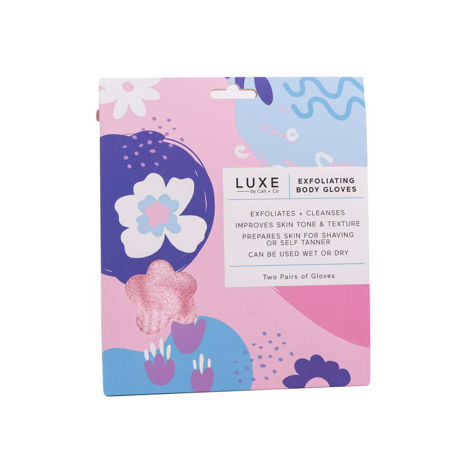 LUXE by Cait + Co Exfoliating Body Gloves packaging with product details and benefits listed