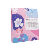 LUXE by Cait + Co Exfoliating Body Gloves in pink, two pairs shown in colorful floral packaging