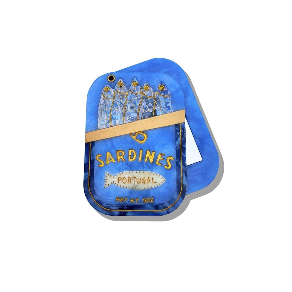 Blue hand-painted sardines compact mirror from Portugal with gold accents and decorative tin design