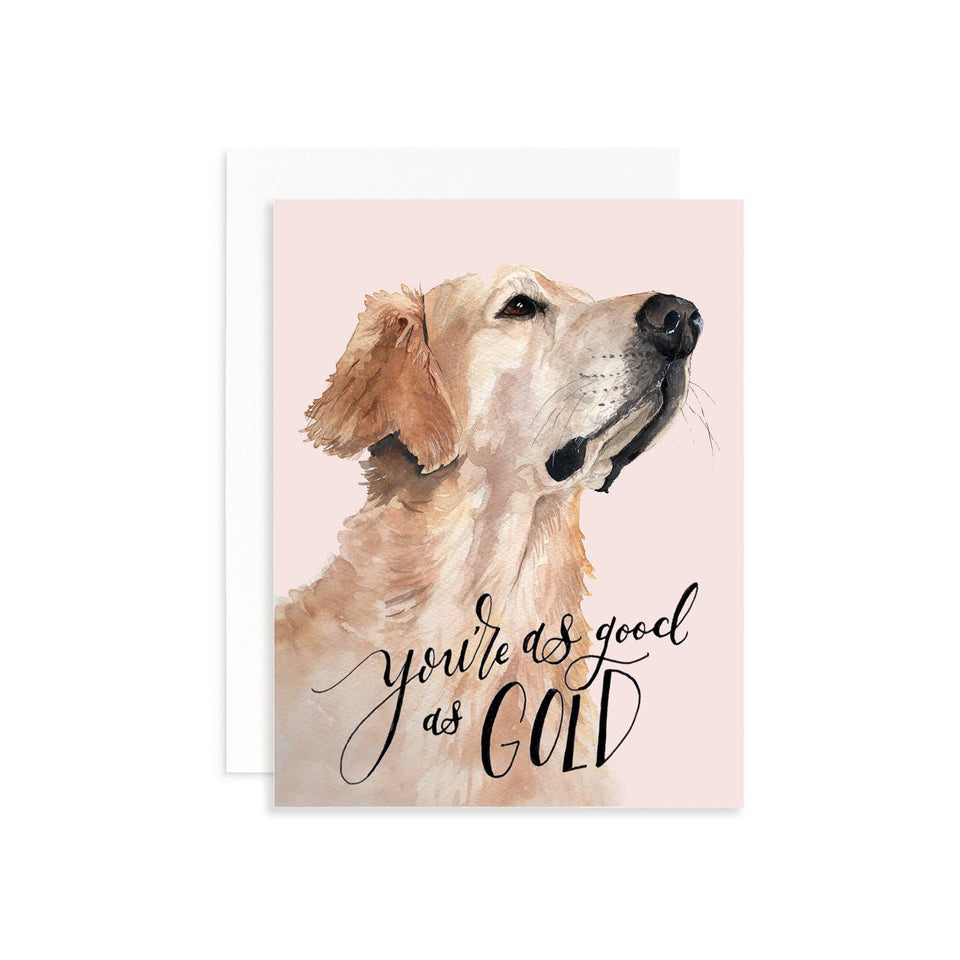 Card with a dog illustration and 'You're as good as gold' text on a pink background